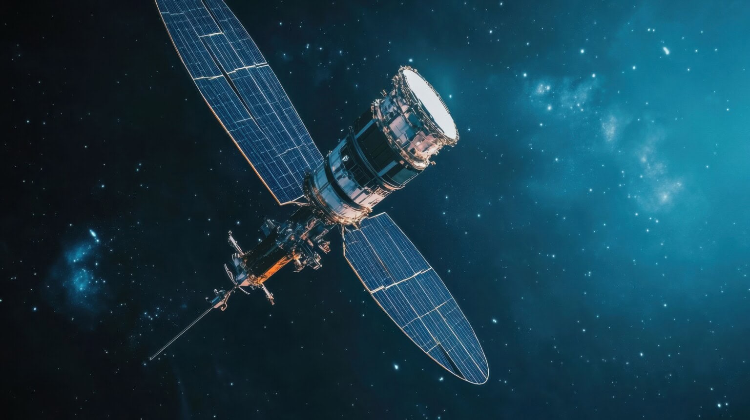 Satellit im All mit Solarzellen und Antennen, Hightech aus Österreich für den Weltraum.
