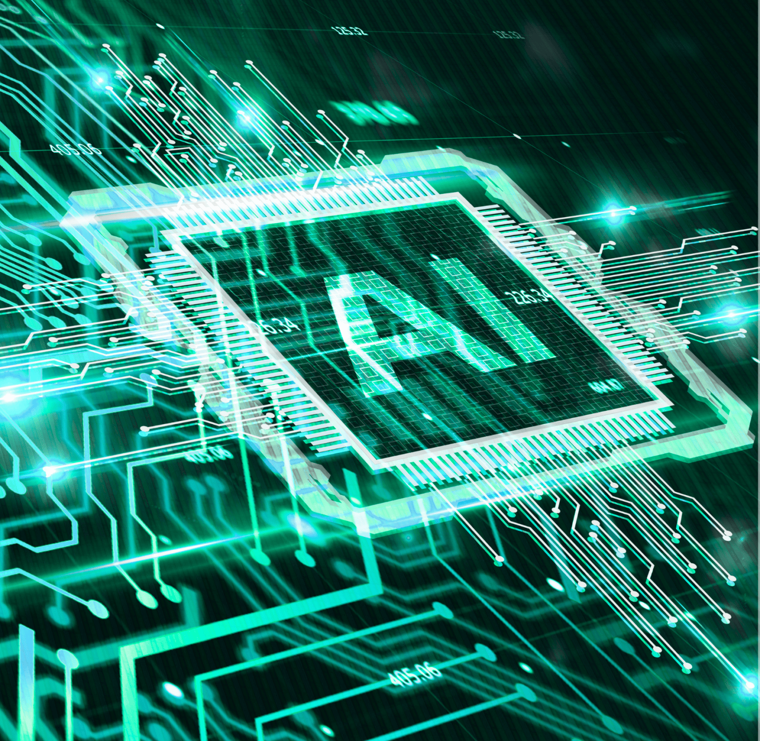 Digitale Schaltkreise und KI-Chip in moderner Elektronik.