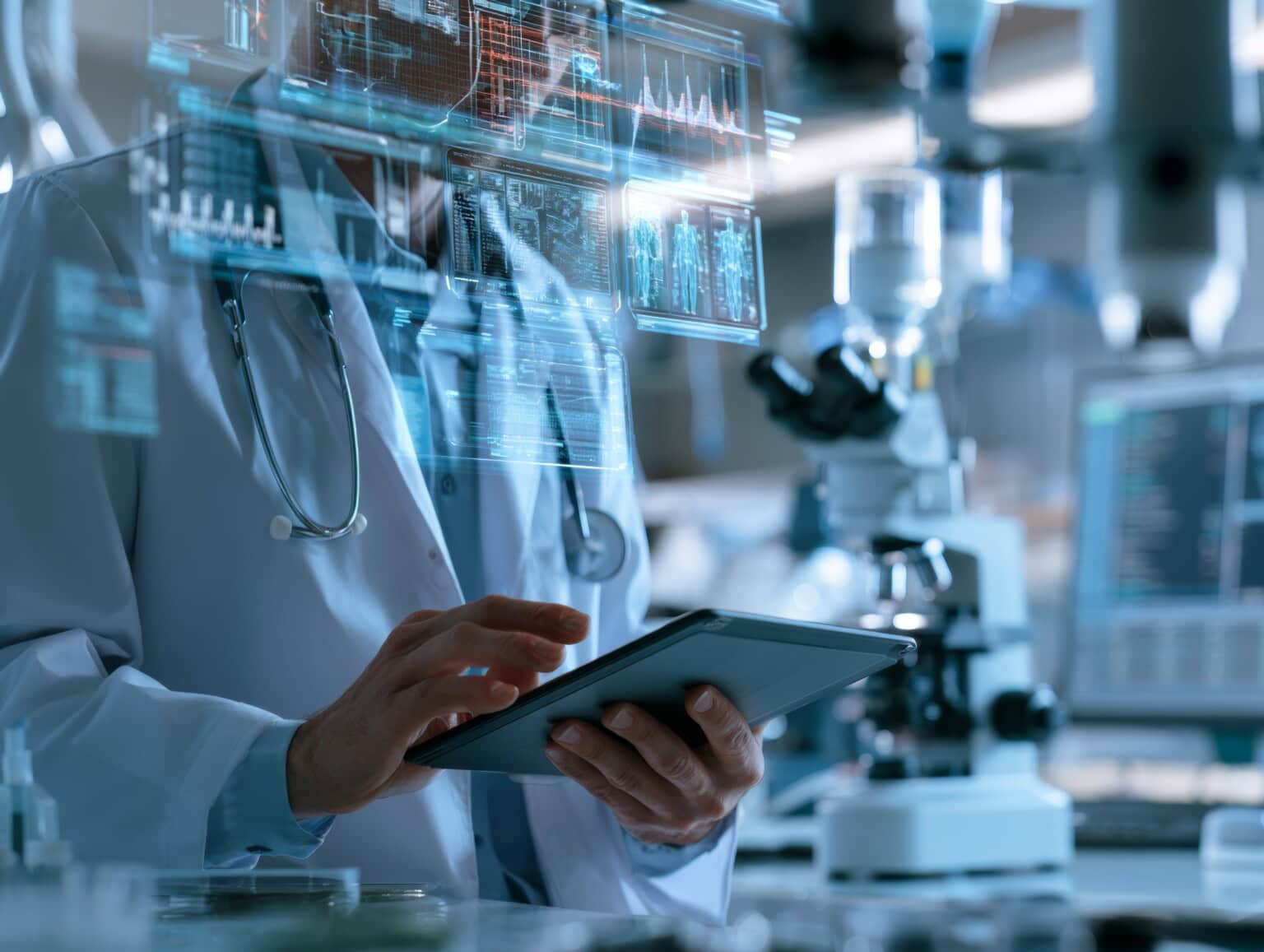 Innovative Medizintechnik im Labor mit digitaler Datenanalyse.
